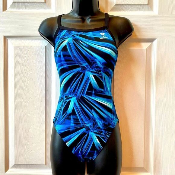 BLACK AND BLUE ONE PIECE BATHING SUIT BY TYR GENTLY LOVED SIZE 32 - Picture 1 of 8